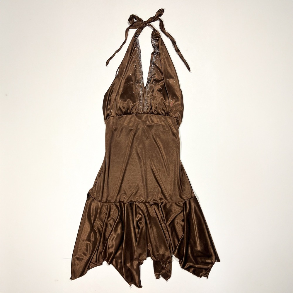 Vintage YS USA Brown Fairy Halter Dress Rhinestone Handkerchief Hem
